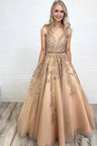 Cheap Ball Gown Gold Lace Long Prom Dresses with Appliques, Evening Dress, SP358