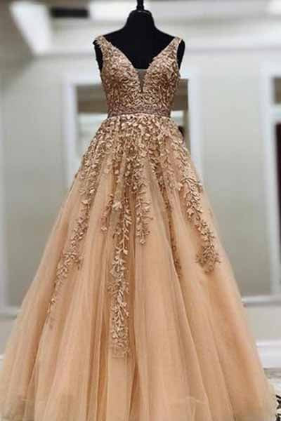 simidress.com|Cheap Ball Gown Gold Lace Long Prom Dresses with Appliques, Evening Dress, SP358