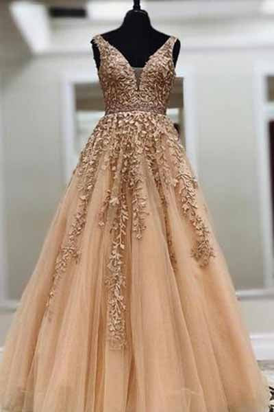 Cheap Ball Gown Gold Lace Long Prom Dresses with Appliques Evening Dress SP358 Simidress