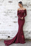 Maroon Lace Long Sleeve Mermaid Off the Shoulder Long Prom Dresses, SP359