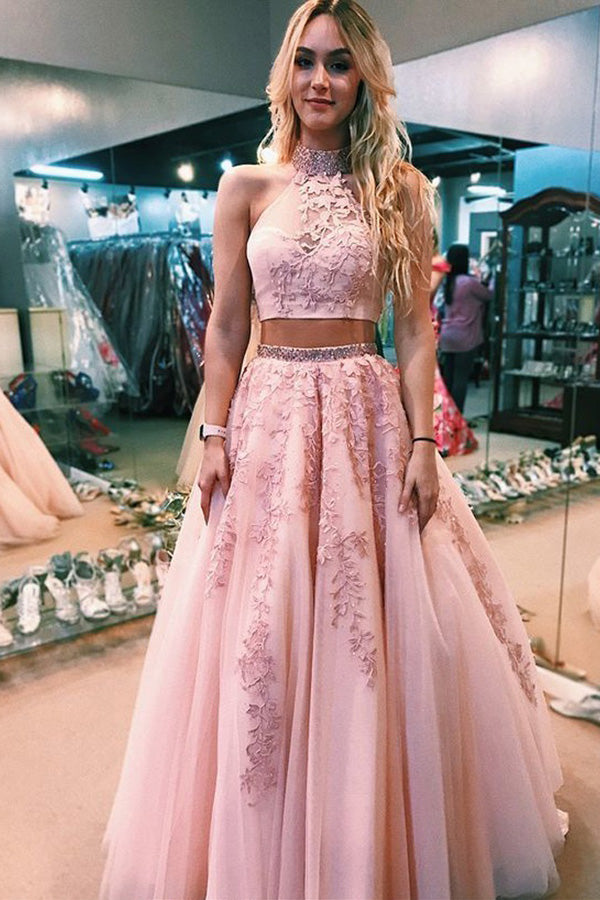 Elegant Pink Two Piece A Line Lace Halter Open Back Long Prom Dress, SP360