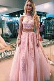 Elegant Pink Two Piece A Line Lace Halter Open Back Long Prom Dress, SP360