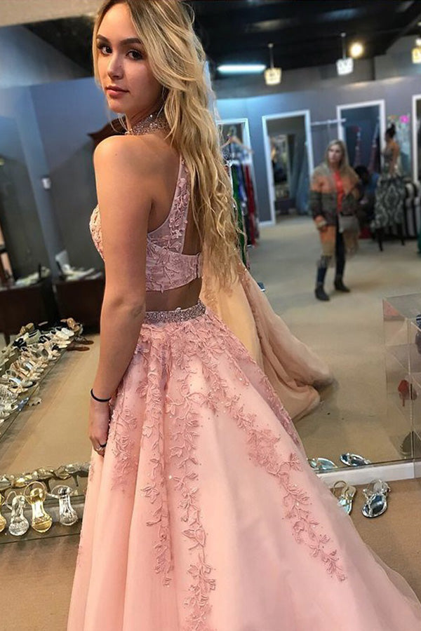 simidress.com offer Elegant Pink Two Piece A Line Lace Halter Open Back Long Prom Dress, SP360