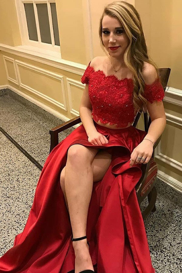 Red Beaded Lace Two Piece Off-the-Shoulder High Low Satin Prom Dresses, SP361