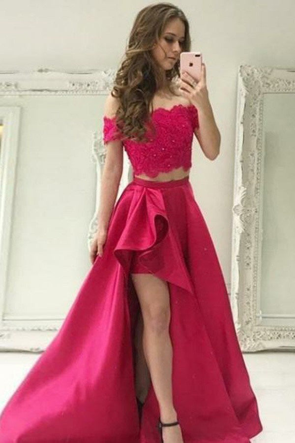 simidress.com offer Red Beaded Lace Two Piece Off-the-Shoulder High Low Satin Prom Dresses, SP361