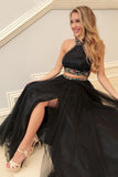 Elegant Black Two Piece Beaded Halter Backless Prom Dress Evening Dresses, SP362