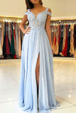 Chiffon Light Blue Lace Off The Shoulder Prom Dresses With Appliques, SP363