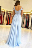 Chiffon Light Blue Lace Off The Shoulder Prom Dresses With Appliques, SP363|simidress.com
