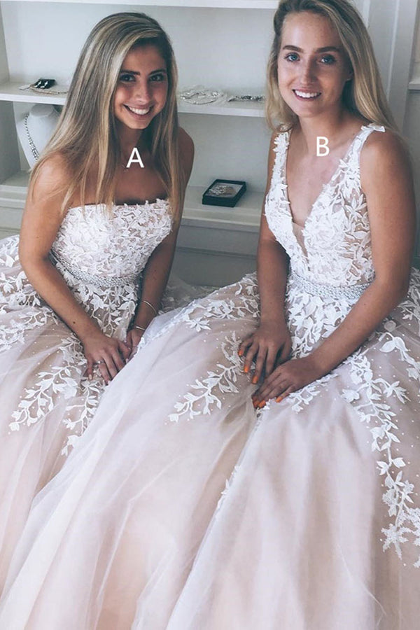 Tulle Pink Princess A-line Prom Dress with White tulle Appliques Wedding Dress, SP364