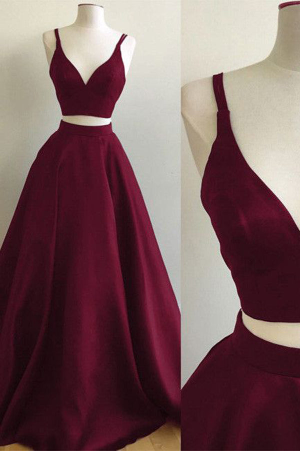 Simple Burgundy Two Piece Satin A-line Floor Length Prom Dress, SP365
