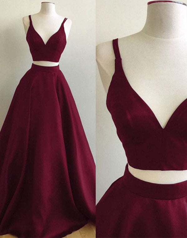 simidress.com offer Simple Burgundy Two Piece Satin A-line Floor Length Prom Dress, SP365