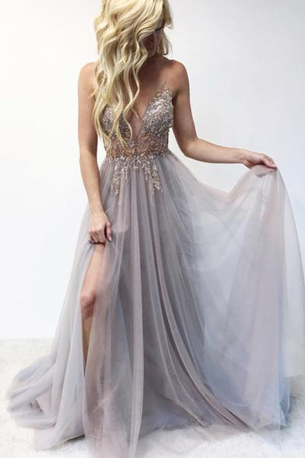 Tulle Beaded V neck Spaghetti Straps Long Prom Dresses Evening Dress, SP366