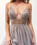 Tulle Beaded V neck Spaghetti Straps Long Prom Dresses Evening Dress, SP366|simidress.com