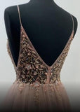Tulle Beaded V neck Spaghetti Straps Long Prom Dresses Evening Dress, SP366