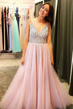 Fabulous Sparkly Pink Tulle A Line V-neck Long Pom Dresses With Rhinestones, SP367