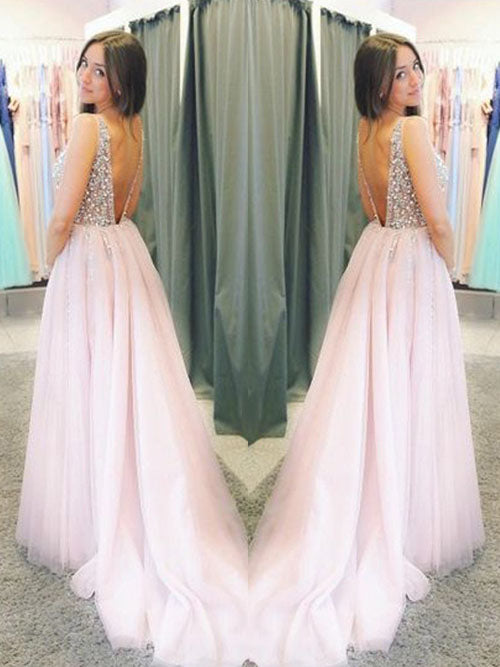 simidress.com offer Fabulous Sparkly Pink Tulle A Line V-neck Long Pom Dresses With Rhinestones, SP367