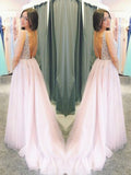 simidress.com offer Fabulous Sparkly Pink Tulle A Line V-neck Long Pom Dresses With Rhinestones, SP367