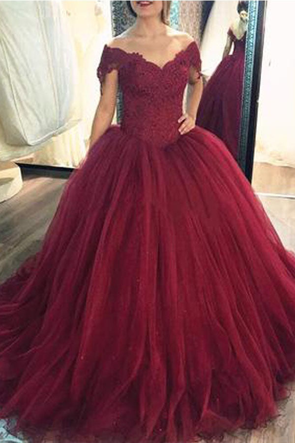 Gorgeous Burgundy Lace Ball Gowns Off Shoulder Wedding Dress with Applique, SW212