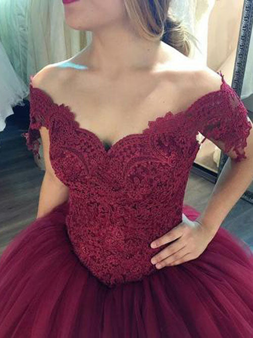 simidress.com offer Gorgeous Burgundy Lace Ball Gowns Off Shoulder Wedding Dress with Applique, SW212