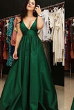 Dark Green Open Back Spaghetti Straps A Line V Neck Prom Dresses with Pockets, SP369