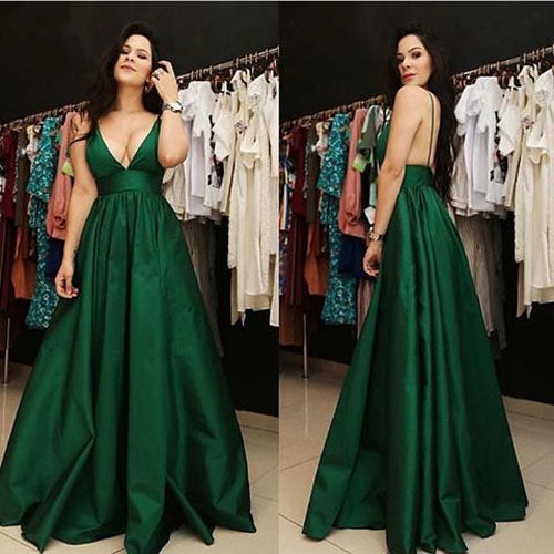 Simidress.com offer Dark Green Open Back Spaghetti Straps A Line V Neck Prom Dresses with Pockets, SP369