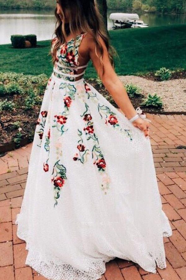 Simidress.com offer Charming Ivory Lace A Line V Neck Printed Long Prom Dresses with Embroidery, SP371