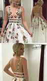 Charming Ivory Lace A Line V Neck Printed Long Prom Dresses with Embroidery, SP371
