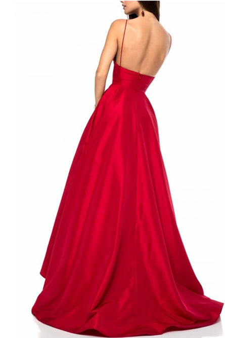 Simple Red A line V Neck Straps Long Prom Dress, Evening dresses, SP372