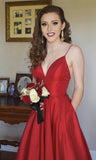 simidress.com offer Simple Red A line V Neck Straps Long Prom Dress, Evening dresses, SP372
