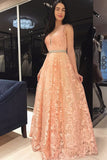 Orange Vintage Lace Floral Deep V Neck A-Line Long Prom Dresses Party Dresses, SP373