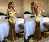 Fabulous Gold Mermaid Spaghetti Straps Long Prom Dresses With Short Train, SP374|simidress.com