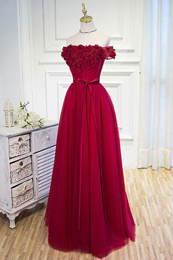 Beautiful Burgundy Hand-Made Flowers Long Prom Dress Evening Dresses, SP377