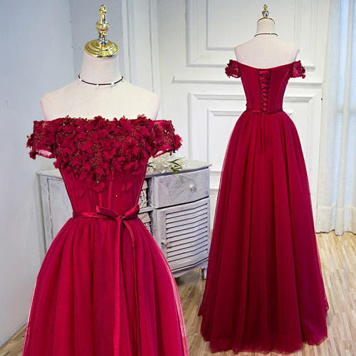 Beautiful Burgundy Hand-Made Flowers Long Prom Dress Evening Dresses, SP377|simidress.com