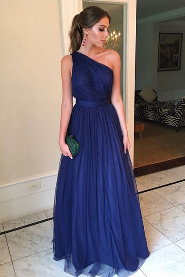 Royal Blue A-line Tulle One Shoulder Floor-length Long Prom Dresses, SP378