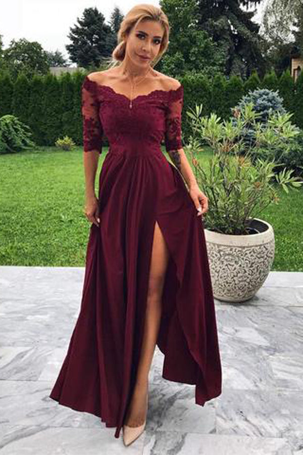 Burgundy Modest Off-the-shoulder A-line Satin Prom Dresses with Slit, Simidress Burgundy Modest Off-the-shoulder A-line Satin Prom Dresses with Slit, Simidress