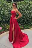 Simple Red A-line Satin Spaghetti Straps Long Prom Dresses with Slit, SP380