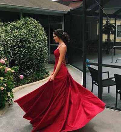 simidress.com offer Simple Red A-line Satin Spaghetti Straps Long Prom Dresses with Slit, SP380