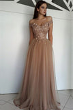 Beautiful Tulle A-line Off-the-Shoulder Long Prom Dresses with Appliques, SP381