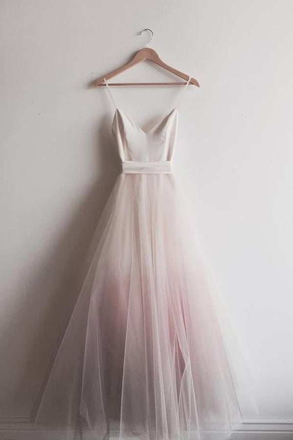 Simple Ombre A-line Spaghetti Straps Floor-length Long Prom Dresses, SP383