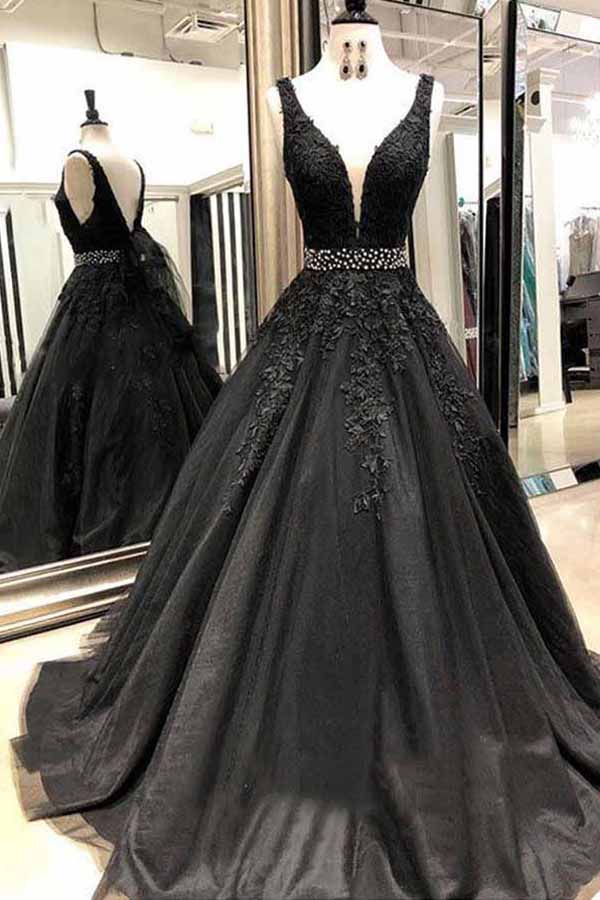 Black A-line V-neck Lace Open Back Floor-length Prom Dress with Beading, SP385