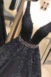 simidress.com offer Black A-line V-neck Lace Open Back Floor-length Prom Dress with Beading, SP385