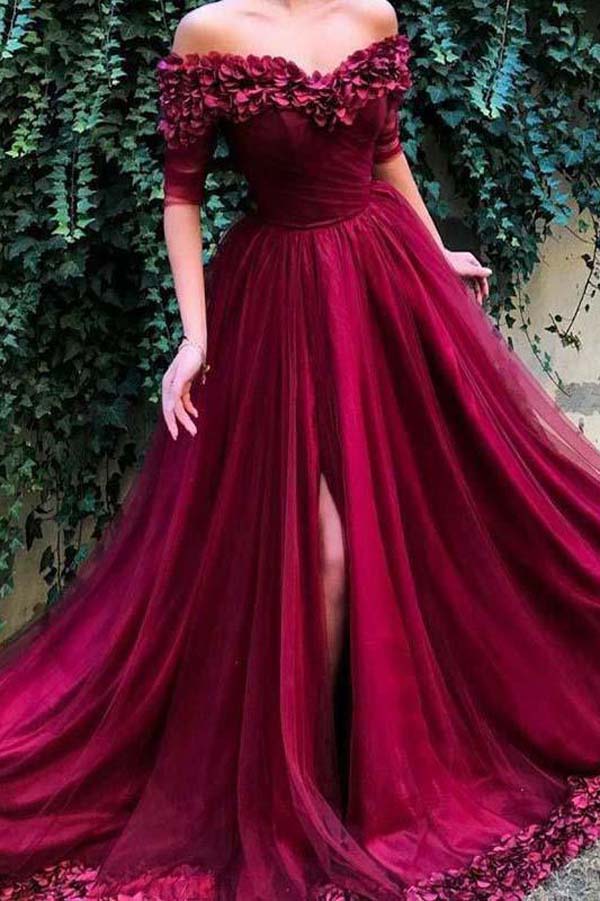 Burgundy Long Slit Half Sleeve Off Shoulder Hand-Made Flower Prom