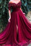 Burgundy Long Slit Half Sleeve Off Shoulder Hand-Made Flower Prom Dress, SP386