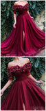 Burgundy Long Slit Half Sleeve Off Shoulder Hand-Made Flower Prom Dress, SP386