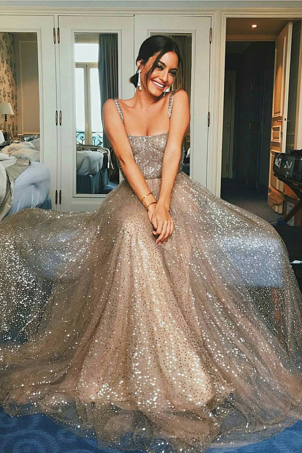 Chic Sparkly Gold Sequins Straps A-line Square Modest Long Prom Dresses, SP388 Simidress Chic Sparkly Gold Sequins Straps A-line Square Modest Long Prom Dresses, SP388 Simidress