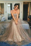 Chic Sparkly Gold Sequins Straps A-line Square Modest Long Prom Dresses, SP388