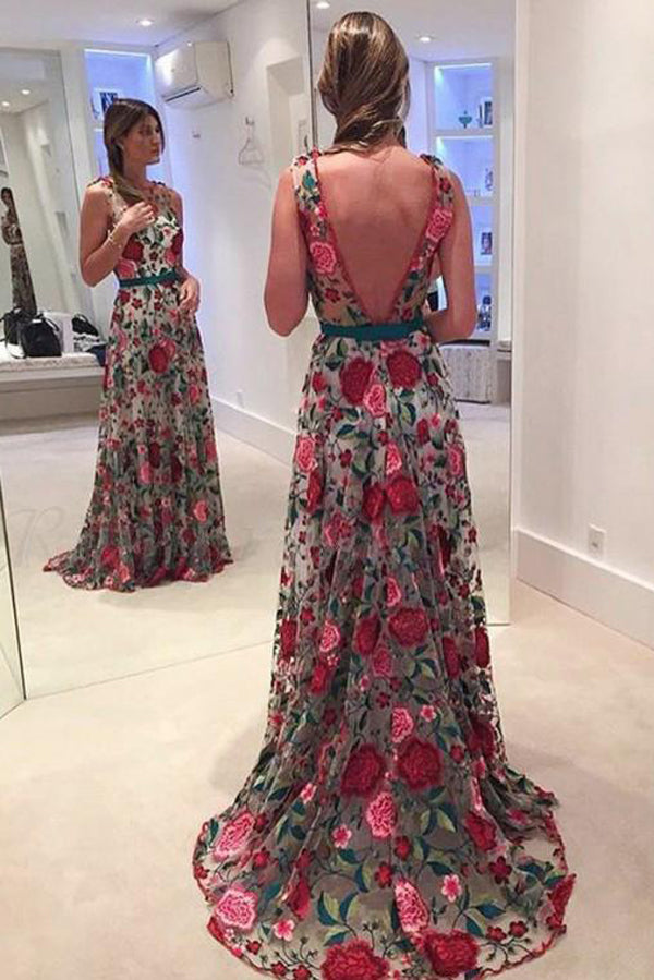 Fabulous Scoop A-line Lace Rose Floral Embroidery Long Prom