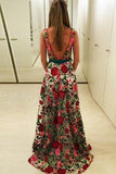 Fabulous Scoop A-line Lace Rose Floral Embroidery Long Prom Dresses, SP389