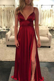 Burgundy A-line Spaghetti Straps Floor-length Prom Dresses With Side Slit, SP390