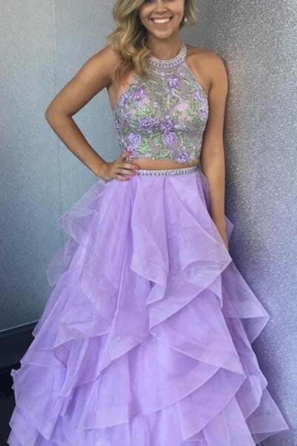 Beautiful Lilac Organza Two Piece Halter Floor-length Long Prom Dress, SP391